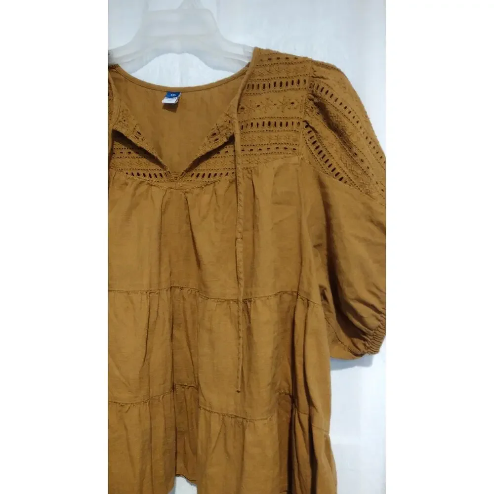 Old Navy XXL Brown Eyelet Peasant Top Puff Sleeves Boho Cottagecore Prairie